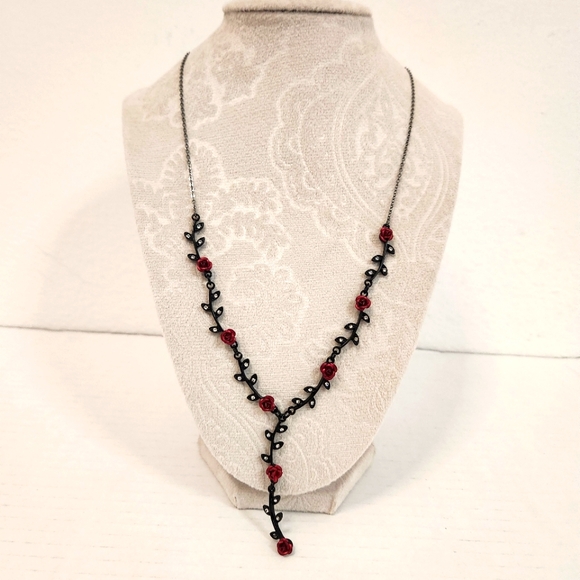 Red Metal Roses, Rhinestone Tassel, Victorian Inspired - Picture 4 of 12